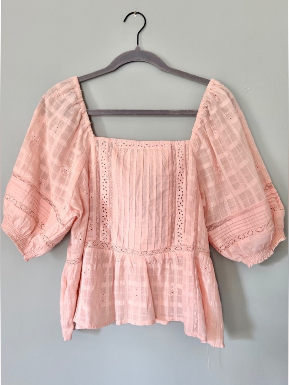 Jennifer & Grace Light Pink Peach Lace-Trim Peasant Blouse Top Shirt XS